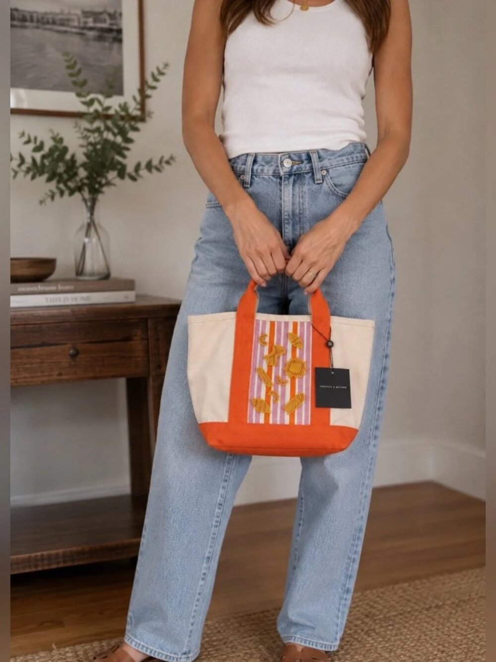 NEW! Orange-Accent Beaded Canvas Tote
